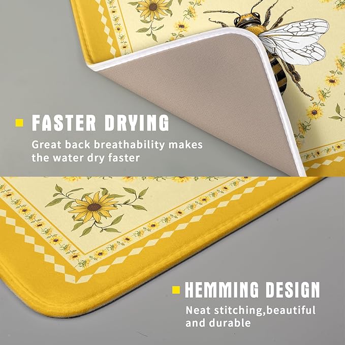 Giwawa Sunflower Bee Dish Drying Mat, Summer Rustic Sunshine Floral Dish Drainer Mats, Yellow Farmhouse Absorbent Reversible Small Dish Drying Pad Decor for Kitchen Countertop, 16x18inches