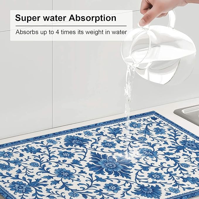 Blue and White Pattern Dish Drying Mats for Kitchen Counter, Large 18"x24" Dish Mats for Drying Dishes, Microfiber Absorbent Dish Drying Pad Rack Mat Kitchen Decor Reusable Washable
