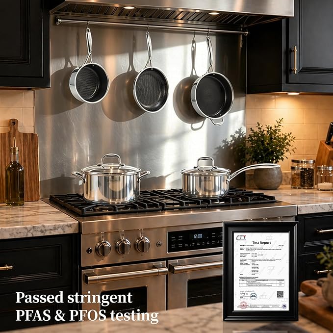 Deluxe 13 Piece Hybrid Ceramic Nonstick Stainless Steel Cookware Set-5 Piece Frying Pan Set, 6 PC Pot Set, 3.7QT Deep Sauté Pan&Lid, Induction Ready, Stay Cool, PFOA Free Compatible with All Cooktops