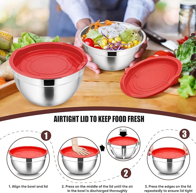 P&P CHEF Red Mixing Bowls with Lids, Set of 3, Stainless Steel Salad Nesting Bowl for Mixing, Storing, Prepping, Airtight & Stackable, Size 4.6/3 /1.5 QT - Image 7
