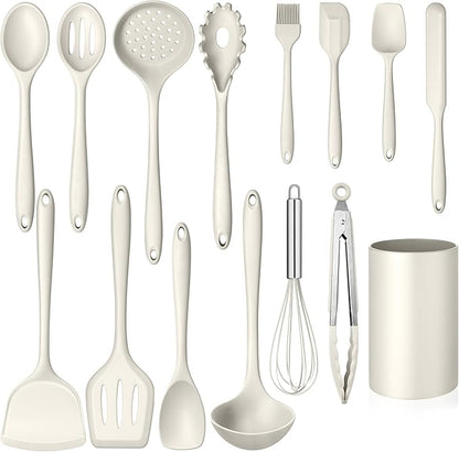 Homikit Kitchen Utensils Set, 15pcs Silicone Cooking Utensil Heat Resistant Spatula Set with Holder for Nonstick Cookware, Useful Kitchen Gadgets & Pots and Pans Accessories, White by Homikit