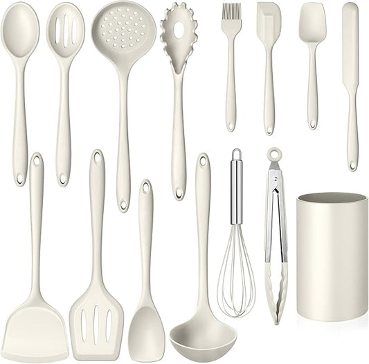 Homikit Kitchen Utensils Set, 15pcs Silicone Cooking Utensil Heat Resistant Spatula Set with Holder for Nonstick Cookware, Useful Kitchen Gadgets & Pots and Pans Accessories, White by Homikit