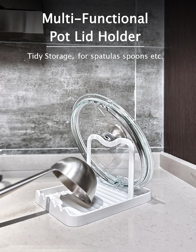 Anti-Rust Metal Spoon Rest with Lid Holder, Heat-Resistant Pot Lid Rest, Multifunctional Spatula Holder While Cooking for Stovetop and Kitchen Counter – White - Image 3