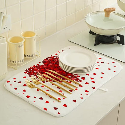 Valentines Day Dish Drying Mat 18 x 24 inch Red Hearts Decorative Drying Mats Microfiber Absorbent Love Heart Dish Washable Draining Mat for Kitchen Counter Decor