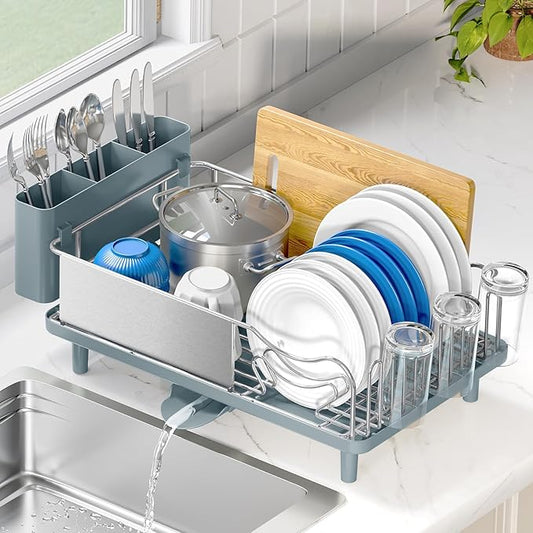Stainless Steel Dish Drying Rack - Large Capcity 304 Grade Dish Drainer for Kitchen Counter with Drain Board, Utensil Holder & Detachable Cup Shelf, Rustproof Multifunctional Organizer, Pale Blue by Urackify