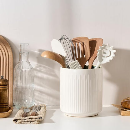 JIEMEI HOME Kitchen Utensil Holder, 7.2" Large Ceramic Stable Utensil Crock for Countertop, Utensil Organizer with Cork Mat, Removable Bamboo Divider for Easy, Kitchen Decor, White & Green - Image 4