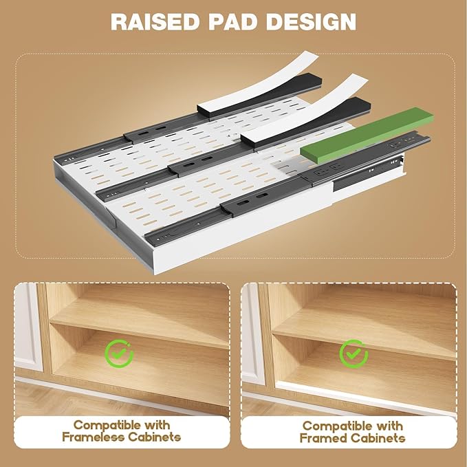 Seinloes 2 Pack Pull Out Cabinet Organizer With Raising Pad for Framed Cabinets,Expandable Width (11"-16") and Depth (17"-24"),3 Slide Rails Slide Out Drawers with Handle,No-Drill Roll Out Shelf,White - Image 3