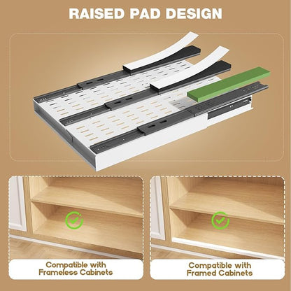 Seinloes 2 Pack Pull Out Cabinet Organizer With Raising Pad for Framed Cabinets,Expandable Width (11"-16") and Depth (17"-24"),3 Slide Rails Slide Out Drawers with Handle,No-Drill Roll Out Shelf,White - Image 3
