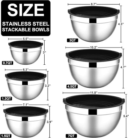 E-far Mixing Bowls with Lids, 12-Piece Stainless Steel Salad Bowls Metal Nesting Bowls for Baking Cooking and Prepping, Airtight Lids & Stackable Design, Size 7, 4.5, 3, 1.5, 1.2, 0.7 QT (Black) - Image 2
