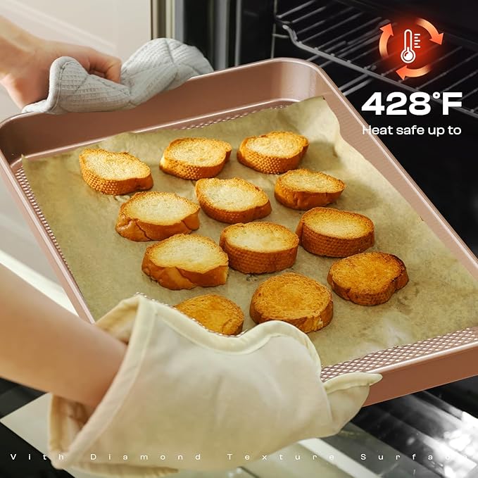 3Pcs Baking Sheet Pan Set, Large Nonstick Cookie Sheets Set, Jelly Roll Pans, Heavy Duty Carbon Steel Cookies Sheet for Oven, Diamond Texture, Gold - Image 5
