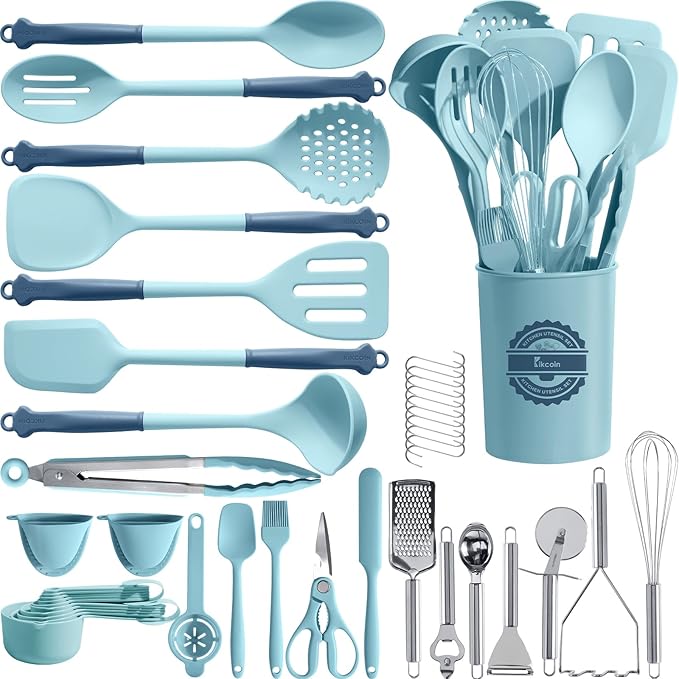 Kikcoin 43Pcs Large Kitchen Utensils Set - Silicone Cooking Utensils Set, Dishwasher Safe Spatula Set for Non-stick Cookware, 446°F Heat Resistant Kitchen Utensils Set with Holder BPA Free, Blue by Kikcoin