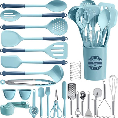 Kikcoin 43Pcs Large Kitchen Utensils Set - Silicone Cooking Utensils Set, Dishwasher Safe Spatula Set for Non-stick Cookware, 446°F Heat Resistant Kitchen Utensils Set with Holder BPA Free, Blue by Kikcoin