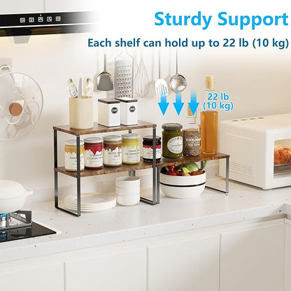 Golener Countertop Organizer Corner Shelf, 2 Tier Adjustable Stackable Corner Shelves for Kitchen, Bathroom, Spice Rack, Coffee Area, Over Sink, Dresser Table, Corner Counter Shelf Stand, Rustic Brown