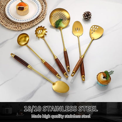 Izurok 18/10 Stainless Steel Kitchen Utensils Set,6 Piece Cooking Utensils With Wood Handle,Heat Resistant Kitchen Tool Set With Spatula, Spoon, Ladle, Skimmer, Slotted Spoon, Pasta - Image 7