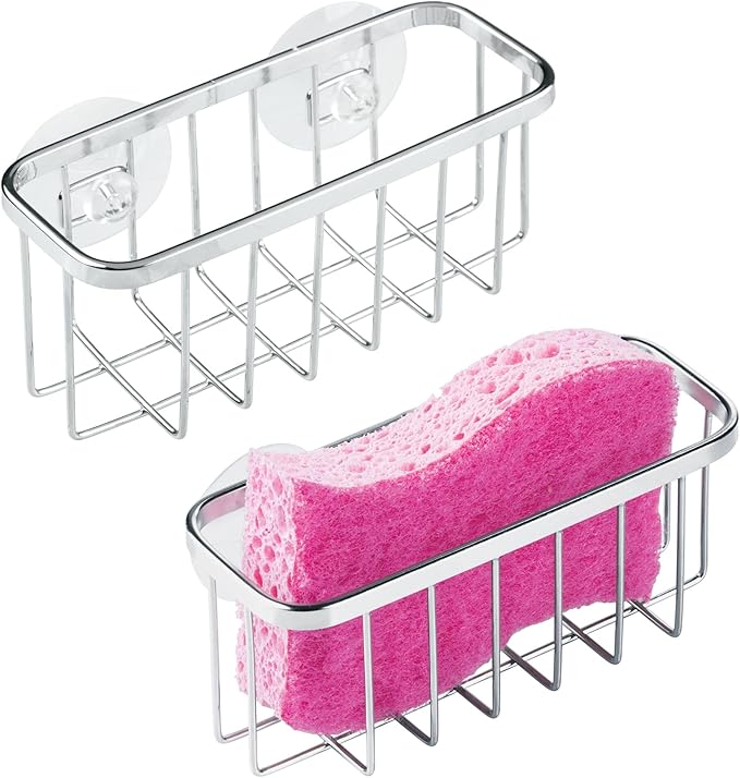 iDesign Stainless Steel Suction Sponge Holder, Kitchen Sink Sponge Caddy Organizer, 2-Pack, Polished by iDesign