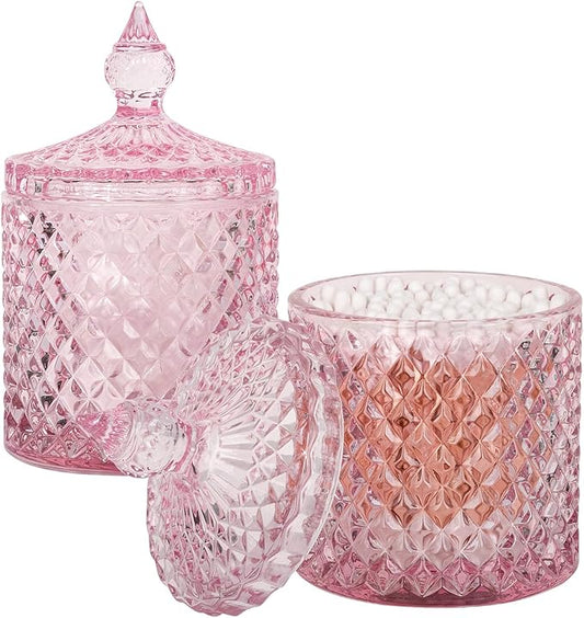 2 Pack Qtip Holder Thick Glass Apothecary Jars with Lid for Bathroom Decor Storage Organizer for Cotton Swabs, Balls, Pads, Floss Picks, Candy, Jewelry, Pink