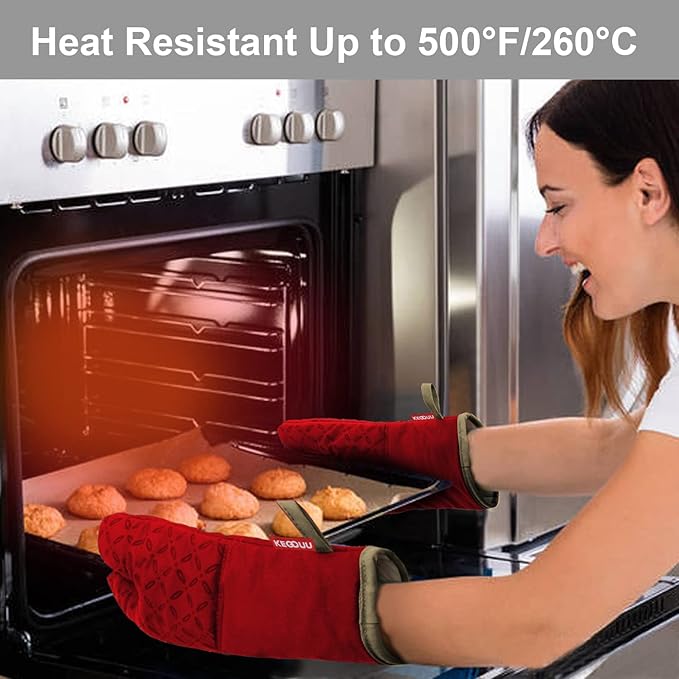 KEGOUU Oven Mitts and Pot Holders 6pcs Set, Kitchen Oven Glove High Heat Resistant 500 Degree Extra Long Oven Mitts and Potholder with Non-Slip Silicone Surface for Cooking (Red) - Image 6