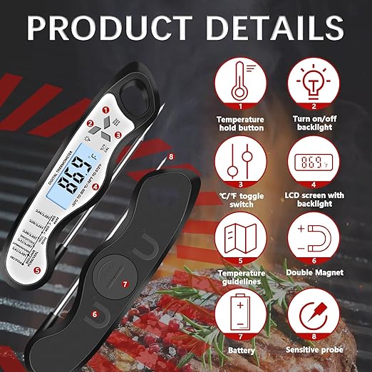 Meat Thermometer Digital，IP67 Waterproof Cooking Thermometer with Backlight, Calibration & Hold Function，Food Thermometer for Cooking,Outdoor Grilling，Suitable as Stocking Stuffers for Men (White-2) - Image 3