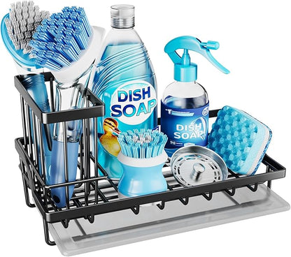 Consumest Sink Caddy, Kitchen Sponge Holder with Dish Brush Holder, Kitchen Sink Organizer with Drip Tray for Countertop Stainless Steel Rustproof, Black-Large by Consumest