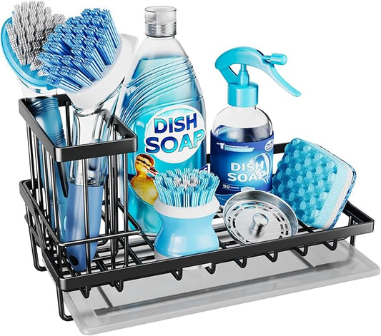 Consumest Sink Caddy, Kitchen Sponge Holder with Dish Brush Holder, Kitchen Sink Organizer with Drip Tray for Countertop Stainless Steel Rustproof, Black-Large by Consumest