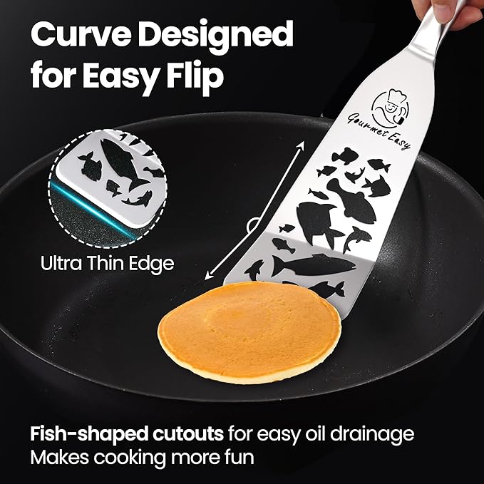 Stainless Steel Fish Spatula Set – Funky Fish Edition, 1 Large Fish Turner + 1 Small Metal Spatula, Ultra-Thin Edge for Easy Turning & Flipping, Ergonomic Non-Slip Handle, Dishwasher Safe - Image 2