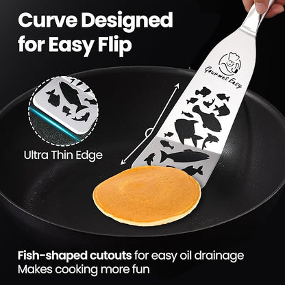 Stainless Steel Fish Spatula Set – Funky Fish Edition, 1 Large Fish Turner + 1 Small Metal Spatula, Ultra-Thin Edge for Easy Turning & Flipping, Ergonomic Non-Slip Handle, Dishwasher Safe - Image 2