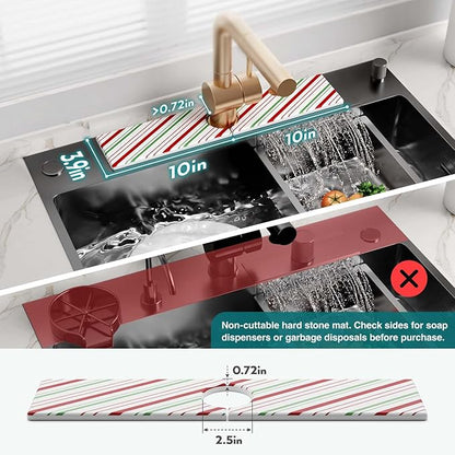 Stone Faucet Mat for Kitchen Sink, Diatomite Drying Stone Mat for Kitchen Counter, Prevent Moisture – Sink Splash Guard for Holiday Gift Home Decor (Red/Green, 20''x3.9'')