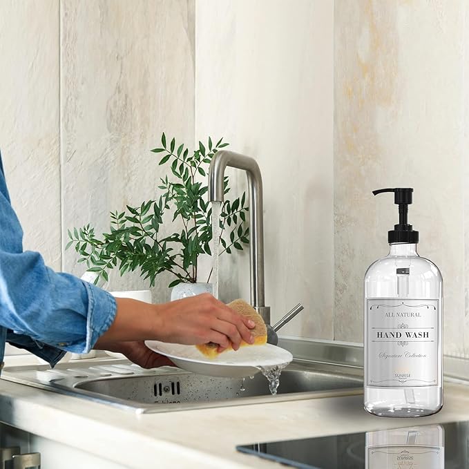 Sunrise Premium 16 OZ Clear Glass Soap Dispenser with Pump, Hand and Dish Soap Dispenser Set for Bathroom with 12 Waterproof Labels, Pack 4 - Image 5