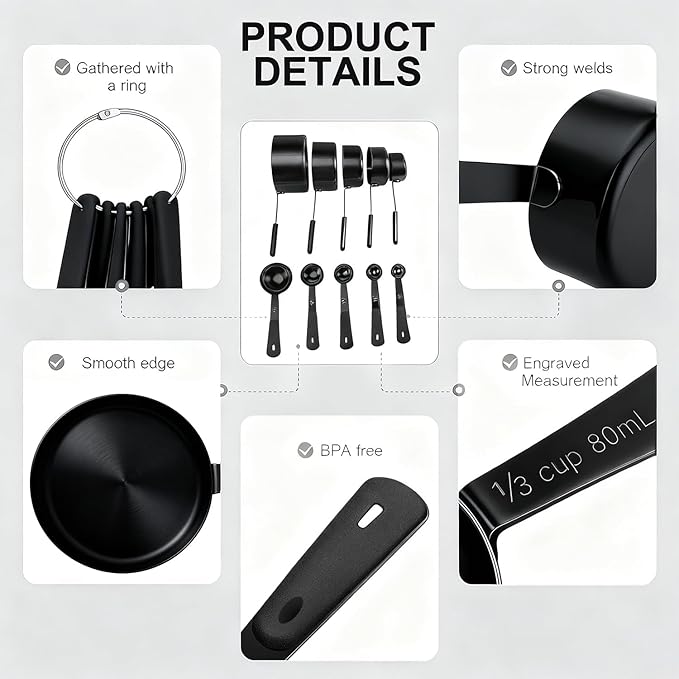 Bopei Measuring Cups and Spoons Set, Titanium-Plated Matte Black Stainless Steel 10 Piece for Cooking and Baking (5 Cups + 5 Spoons All Black) - Image 3