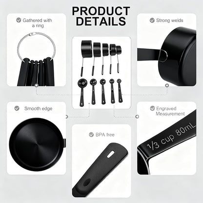 Bopei Measuring Cups and Spoons Set, Titanium-Plated Matte Black Stainless Steel 10 Piece for Cooking and Baking (5 Cups + 5 Spoons All Black) - Image 3