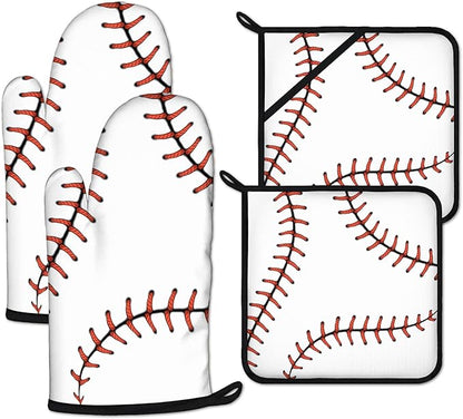 Baseball Oven Mitts and Pot Holders Sets Heat Resistant 4Pcs Potholders Oven Gloves Hot Pads for Kitchen Baking Cooking Grilling BBQ