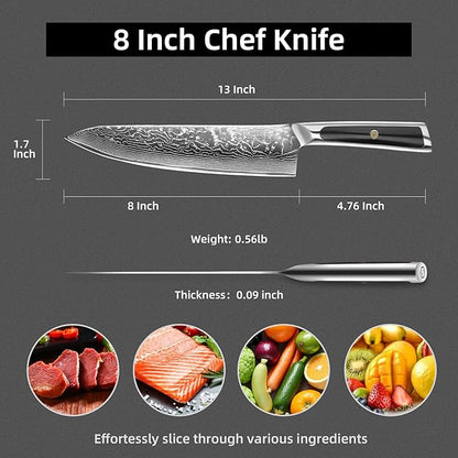 Sunnecko 8 Inch Japanese Damascus Chef Knife - Ultra Sharp 10-12 Degree Edge VG10 67 Layers Kitchen Cooking Knife for Meat, Vegetable & Fruit, Full Tang Professional Forged Blade, Premium Gift Box - Image 3