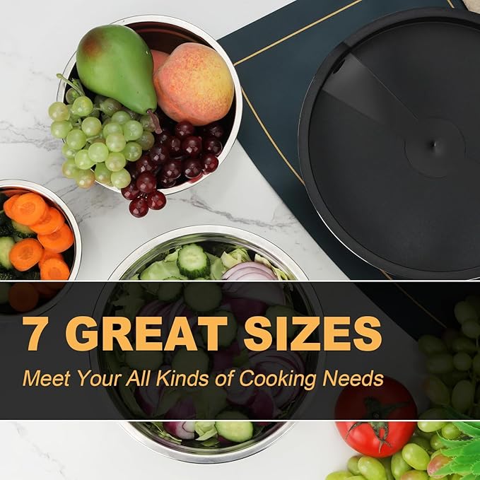 Hunnycook 7 Piece Mixing Bowls with Lids Set - Mixing Bowls Stainless Steel Bowls for Kitchen Baking, Size 0.7, 1.1, 1.5, 2.1, 3.5, 4, 4.5QT, Baking Bowl for Food Preparation, Mixing and Serving Foods - Image 4