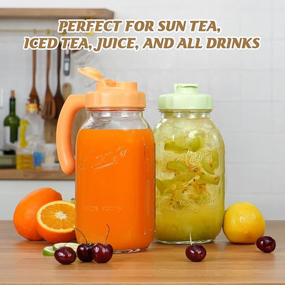 Soligt Glass Mason Jar Pitcher with Lid, Wide Mouth Flip Cap Pour Spout Leak-proof Lid with Handle, 64 oz (2 Quart / 1.9 Liter), for Iced Coffee/Sun Tea Juice/Cold Brew Coffee (1Pack, Carrot Orange)