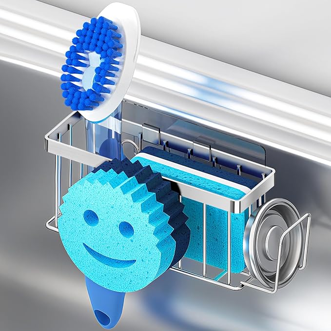 MURLONG Sponge Holder for Kitchen Sink,Sink Caddy Smiley Face,4-in-1 Sponge Holder with Suction Cups & 1 PCS Adhesive Strips for Holding Soap,Brush,Scrubber,Sponge,Stopper-Silver by MURLONG