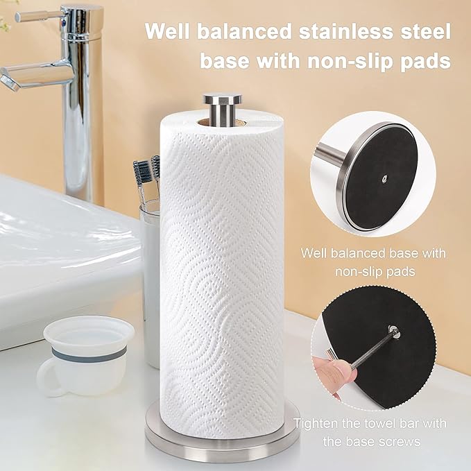 NearMoon Standing Paper Towel Holder, Kitchen Paper Towel Tissue Holder- for Bathroom Countertop, Standard or Jumbo-Sized Roll Paper (with Stainless Steel Base, Brushed Nickel) - Image 4