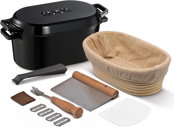 KooK Dutch Oven with Lid, Enameled Cast Iron Bread Baker, Dual Handles, 3.4 Qt, Oval, Includes Banneton Proofing Basket with Liner, Artisan Sourdough Bread Baking Set by Kook