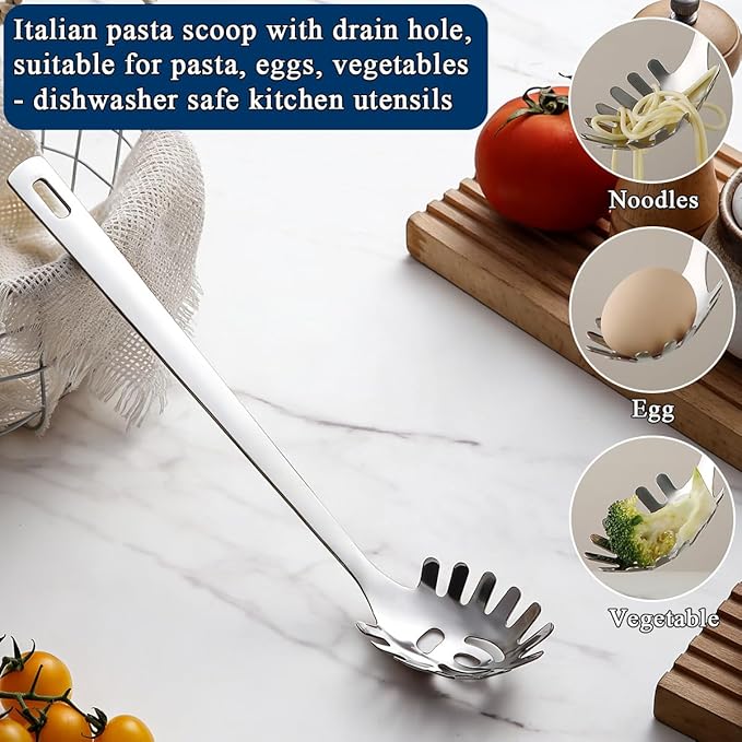 Berglander Kitchen Ladle Spoon and Spaghetti Spoon Set 2 pieces, Pasta Spoon Stainless Steel Kitchen Utensils for Cooking, Stirring, Serving Spaghetti, Soup, Sauce, Dishwasher Safe - Image 4