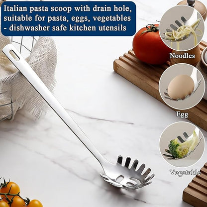Berglander Kitchen Ladle Spoon and Spaghetti Spoon Set 2 pieces, Pasta Spoon Stainless Steel Kitchen Utensils for Cooking, Stirring, Serving Spaghetti, Soup, Sauce, Dishwasher Safe - Image 4
