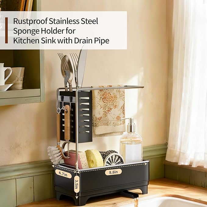 MOUKABAL Sponge Holder for Kitchen Sink, 2-Tier Sink Caddy Organizer with Drain Holes and Hooks, Holds Dishcloth, Sponge & Brushes, Kitchen Countertop Storage for New Home Essentials Black - Image 2