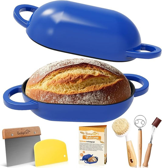 Enameled Cast Iron Oval Bread Oven with Non-Stick Silicone Liner, 2QT, Blue, Mini Oval Homemade Sourdough Dutch Oven with Lid, Artisan Bread Loaf Pan for Homemade Bread Five-Years Free Replacement