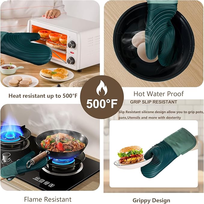 Silicone Oven Mitts-13.6 in Extended Oven Mitts Heat Resistant 500F, Oven Gloves with Soft Liner Good Grippy BPA-Free Easy to Clean Flexible-Oven Mits Set for Cooking Baking Grilling BBQ - Image 4