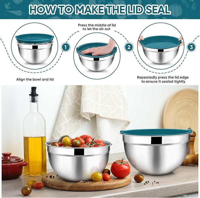 TeamFar Mixing Bowl Set of 5, Stainless Steel 4.5/3/1.5/1/0.7 QT Metal Nesting Salad Bowls with Lids, Ideal for Mixing Serving Tossing, Non-Toxic & Sturdy, Airtight Lid & Easy Clean, Blue - Image 6