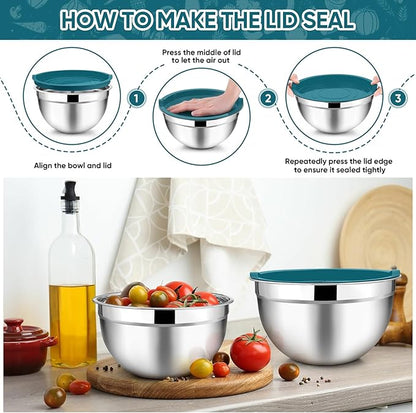 TeamFar Mixing Bowl Set of 5, Stainless Steel 4.5/3/1.5/1/0.7 QT Metal Nesting Salad Bowls with Lids, Ideal for Mixing Serving Tossing, Non-Toxic & Sturdy, Airtight Lid & Easy Clean, Blue - Image 6