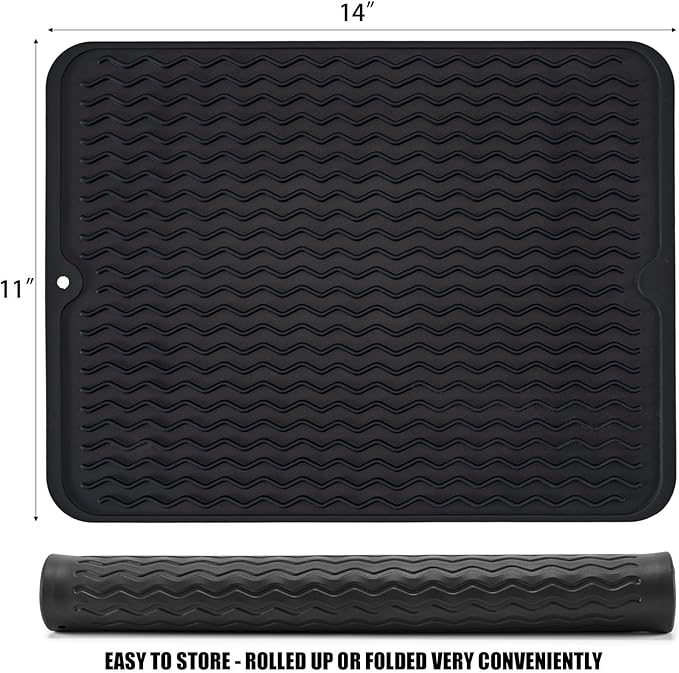 Large 14" x 11" Silicone Dish Drying Mat for Kitchen Counter, Easy clean, Quick Dry, Heat-resistant Dish Drainer Mat for Sink,Refrigerator or Drawer liner (Food Grade Silicone-Black) - Image 2