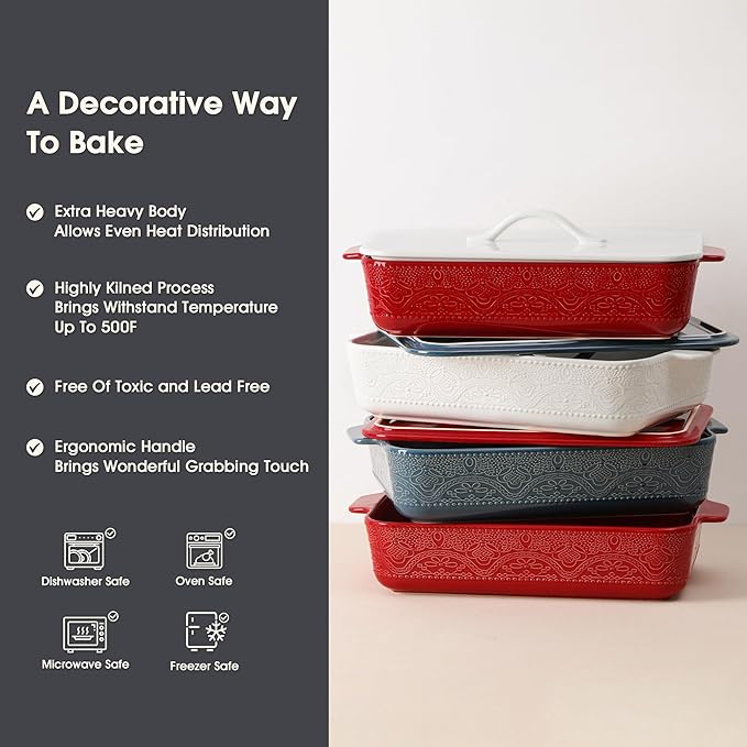 Casserole Dish with Lid, Ceramic 9x13 Casserole Dish for Oven, Rectangular Bakeware, Large Baking Dish with Handles for Holiday Cooking, Roasting, Baking, Oven & Microwave Safe (Red) - Image 4