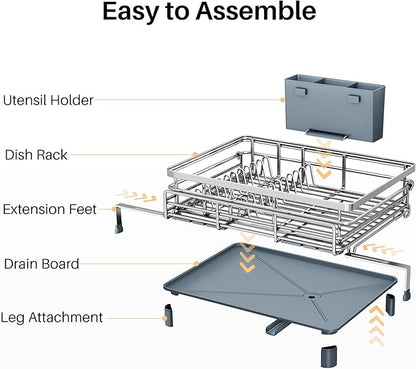 SNTD Dish Drying Rack - Extendable Dish Rack, Large Sink Drying Dish Drainer for Kitchen Counter, Stainless Steel Dish Strainer with Utensil Holder (Silver) - Image 8