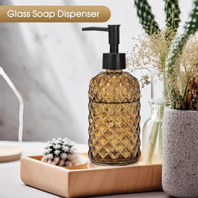 Topsky Gem Glass Soap Dispenser with Black Plastic Pump, 13oz Liquid Hand Soap Dispenser, Rustproof Pump for Kitchen & Bathroom, Great for Lotions, Essential Oil, Liquid Soaps-Amber - Image 7