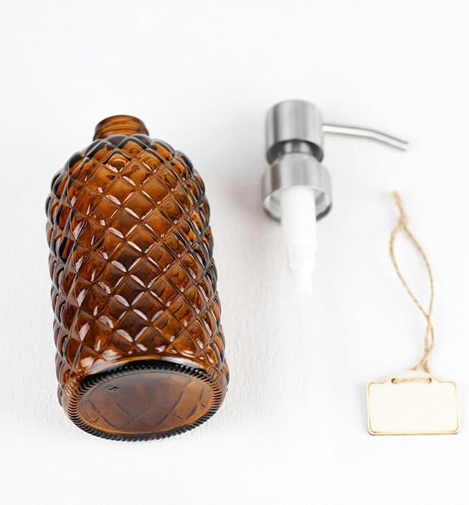16 oz Diamond Pattern Glass Soap Dispenser, Kitchen and Bathroom Refillable Soap Dispenser with Rust Resistant Stainless Steel Pump for Hand Soap, Lotion Glass Liquid Dispenser(Amber-2pack) - Image 5