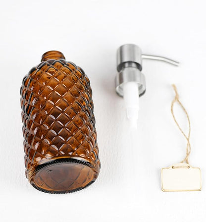 16 oz Diamond Pattern Glass Soap Dispenser, Kitchen and Bathroom Refillable Soap Dispenser with Rust Resistant Stainless Steel Pump for Hand Soap, Lotion Glass Liquid Dispenser(Amber-2pack) - Image 5